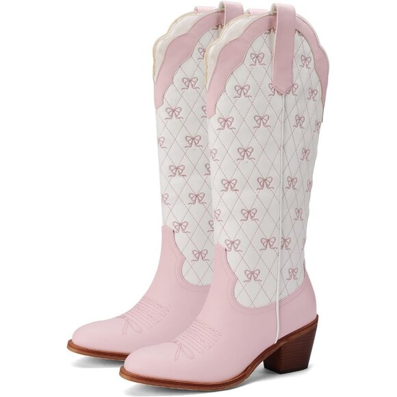 Shoes - Women's Light Pink Knee High Embroidered Cowgirl Boots with Bow Chunky Heel Boot